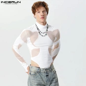 2024 Men's Bodysuits Mesh Patchwork See Through Turtleneck Long Sleeve Rompers Fitness Sexy Fashion Male Bodysuit S-3XL INCERUN 3