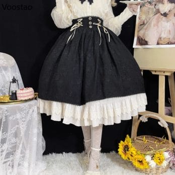 Vintage Victorian Lolita Midi Skirt Women Elegant Lace Patchwork Ruffles Evening Party Skirts Female Gothic Y2k Bandage Falda 3