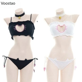 Anime Girl Cute Cat Paw Bell Underwear Temperament Sexy Lingerie Uniform Women Cosplay Cats Hollow Bra Pajamas Outfit Costumes 2