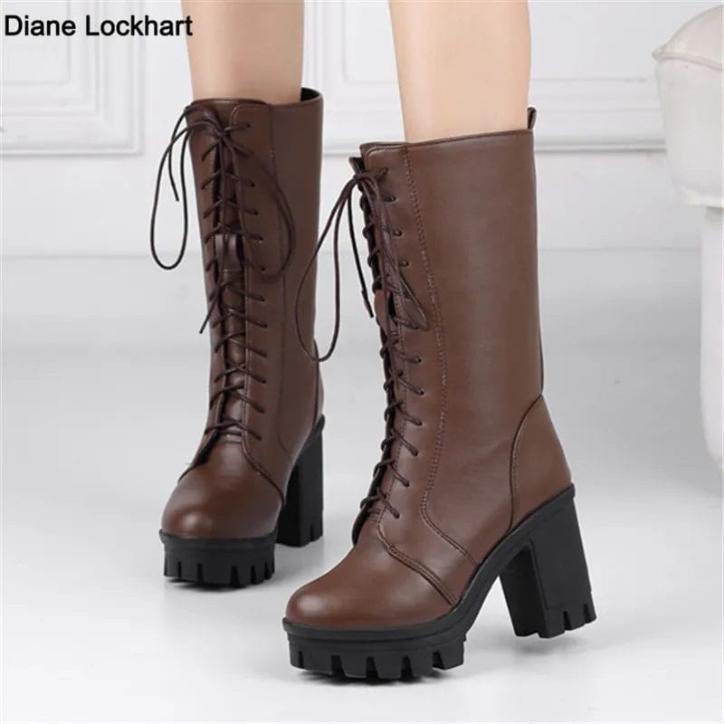 2024 Autumn Winter White Mid-Calf Boots Lace Up Ladies Platform Boats Women High Heels Fashion Nightclub Patry Shoes Wholesale 1