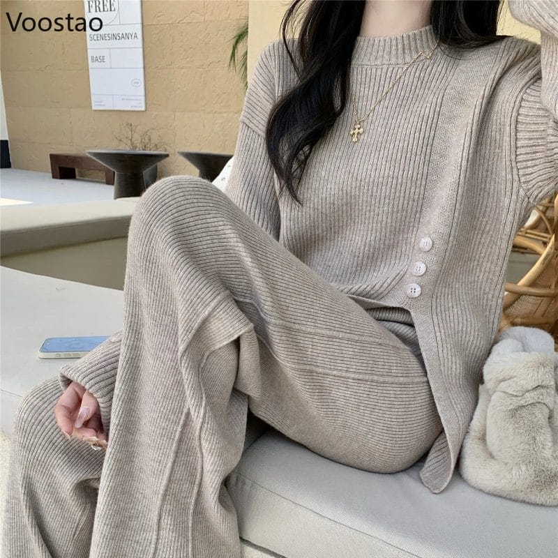 Autumn Winter Women Casual Knitted 2 Piece Set Fashion Loose Sweater Pantsuit Long Sleeve Pullover Wide Leg Pants Tracksuit Suit 1