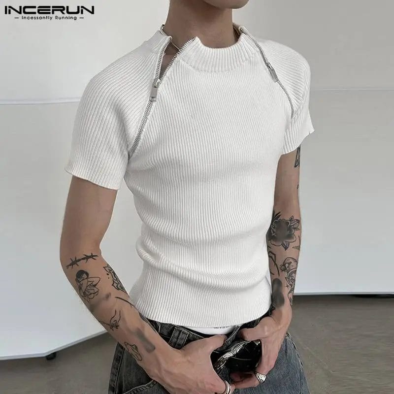 2023 Men T Shirt Solid Color O-neck Short Sleeve Men Clothing Streetwear Zipper Fitness Knitted Casual Tee Tops S-5XL INCERUN 1
