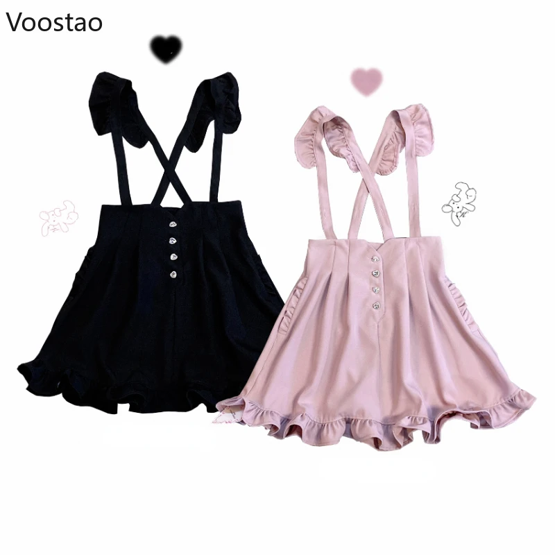 Japanese Gothic Lolita Shorts Girls Sweet Ruffles Love Hearts Button Overalls Harajuku Y2k Women Casual Suspender Shorts Skirts 1