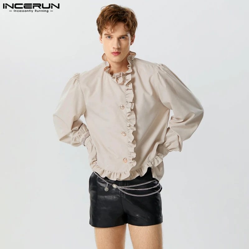 Men Shirt Solid Ruffle Stand Collar Streetwear Long Sleeve Button Camisas 2023 Elegant Stylish Casual Unisex Shirts INCERUN 1