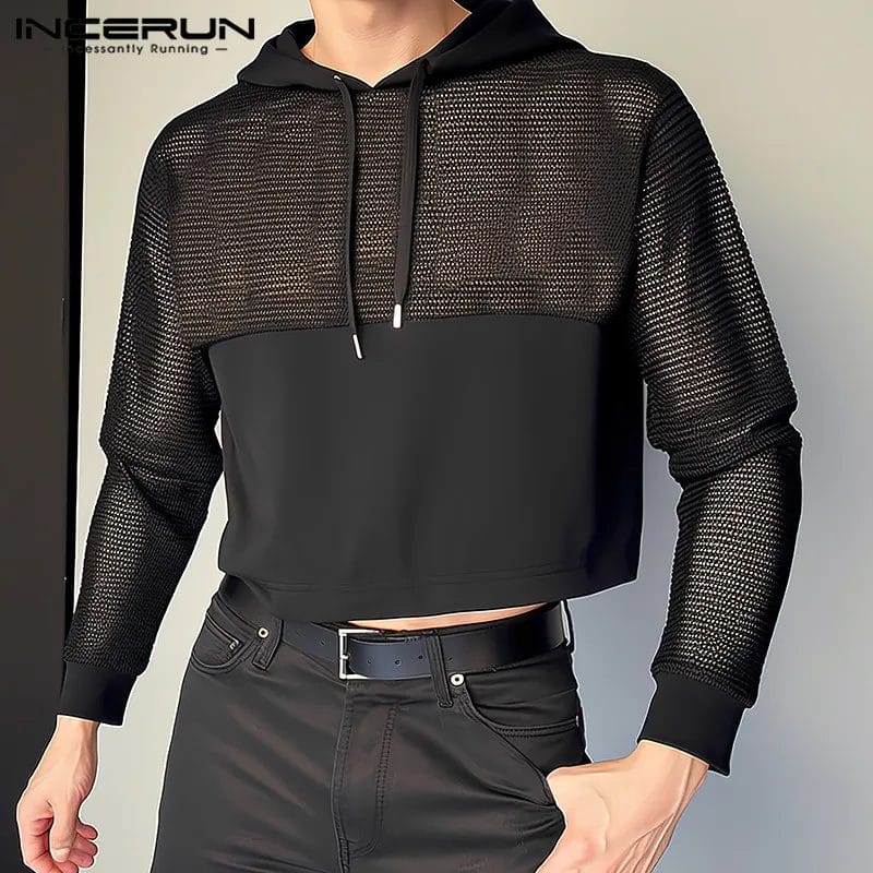 Men T Shirts Mesh Patchwork Hooded Long Sleeve Streetwear Male Crop Tops 2024 Transparent Fashion Casual Camisetas INCERUN S-5XL 1
