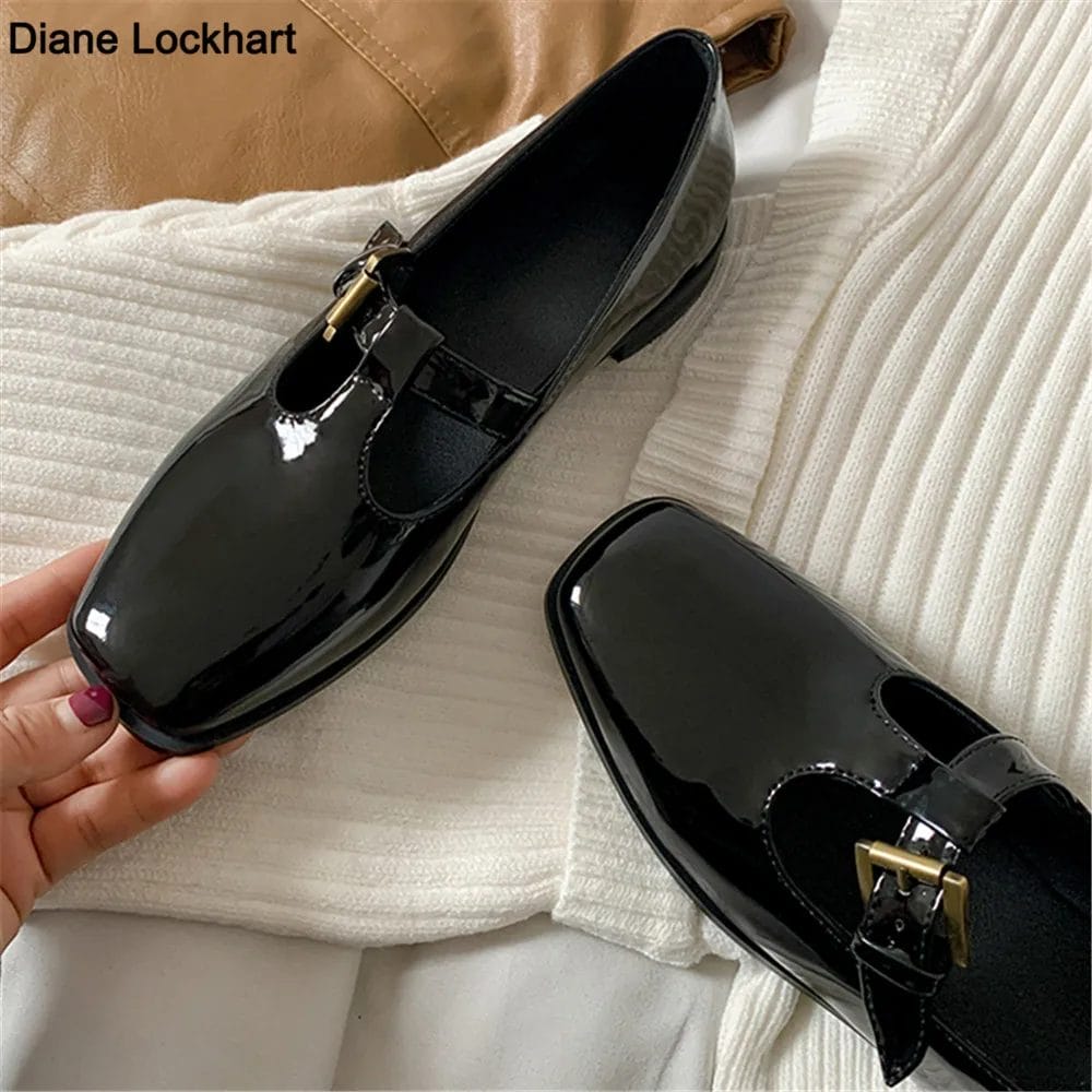 Retro T Strap Mary Jane Shoes for Women 2022 Spring Autumn Soft Sole Patent Leather Shoes Ladies Square Toe Buckle Flats Black 1