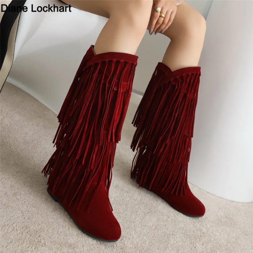 2023 Fashion Ethnic Woman Bohemian Flock Tassle Hidden Moccasin Mid-Calf Boots Fringe Female Slip On Shoes Autumn Winter New 1