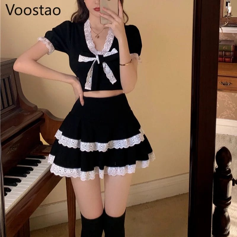 Black Gothic Lolita Style 2 Piece Set Women Vintage Victorian Bow Lace Patchwork Ruffles Crop Tops Mini Skirts Girls Punk Outfit 1