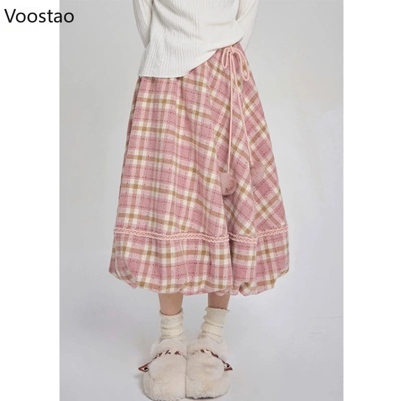 Pink Plaid Vintage Skirt Autumn Winter Women Preppy Style Chic Plush Ball Elegant Midi Skirt Korean Female Y2k A-Line Skirts 1