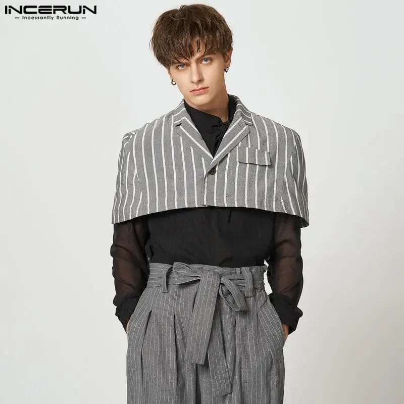 2023 Men Irregular Blazer Striped Streetwear Lapel Short Sleeve One Button Casual Suits Men Fashion Short Cloak S-5XL INCERUN 1