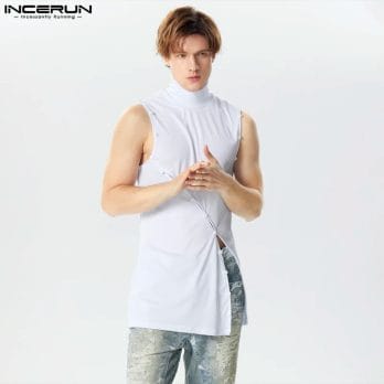 Men Tank Tops Solid Color Turtleneck Sleeveless Casual Long Style Vests Hollow Out Streetwear 2024 Fashion Men Clothing INCERUN 2