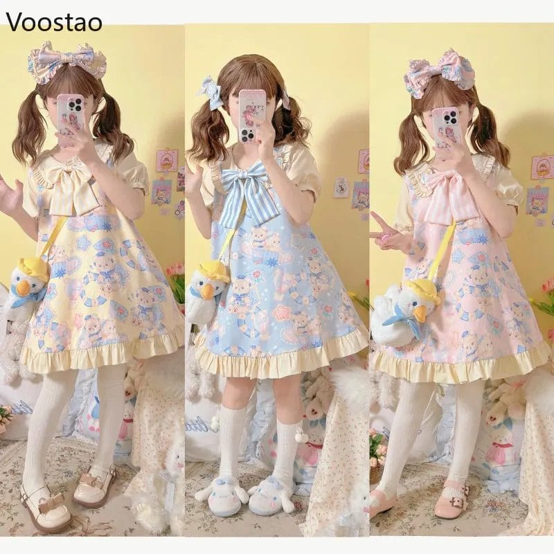 Summer Japan Style Kawaii Lolita OP Dress Girls Cute Cartoon Navy Bear Print Party Dresses Sweet Loose Bow Ruffles Mini Dress 1
