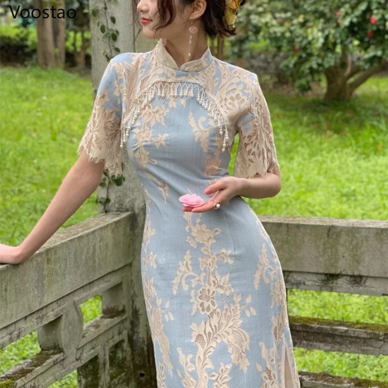 Vintage Sweet Lace Pearl Cheongsam Dress Chinese Style Traditional Women Elegant Floral Embroidery Qipao Dresses Female Vestidos 1