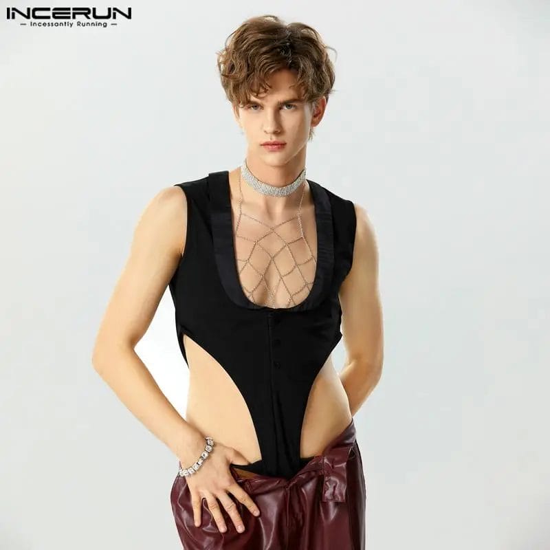 2023 Men Bodysuits O-neck Sleeveless Button Sexy Solid Color Streetwear Rompers Tank Tops Men Skinny Fashion Bodysuit INCERUN 1