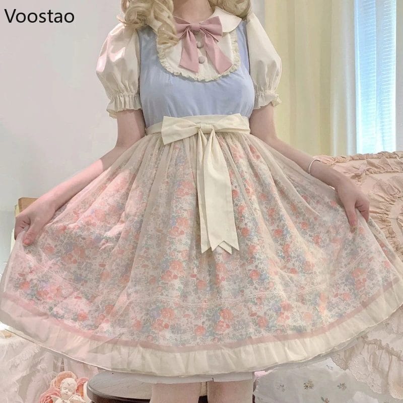 Sweet Lolita OP Princess Dress Women Kawaii Flower Print Bow Peter Pan Collar Party Mini Dresses Japanese Pastoral Style Dress 1
