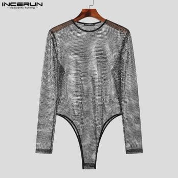 INCERUN 2023 Men Bodysuits Mesh Transparent O-neck Long Sleeve Bodysuit Sexy T Shirts Men Solid Streetwear Fashion Rompers S-5XL 5