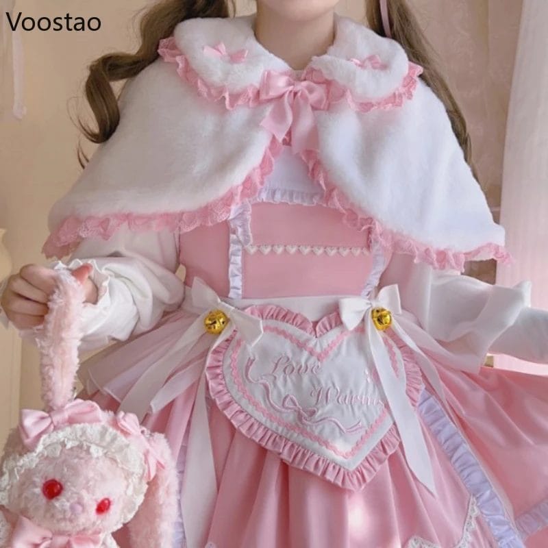 Japanese Sweet Lolita Style Ponchos Coat Women Cute Bow Bunny Ears Shawl Short Jackets Autumn Winter Plush Warm Cloak Outerwear 1