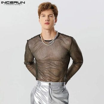 INCERUN 2023 Men Bodysuits Mesh Transparent O-neck Long Sleeve Bodysuit Sexy T Shirts Men Solid Streetwear Fashion Rompers S-5XL 4