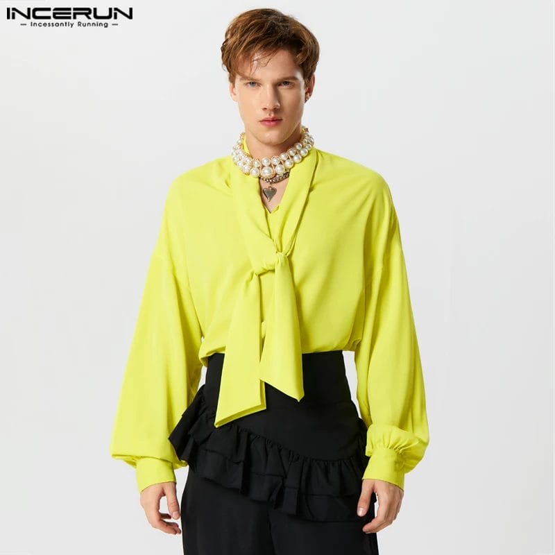 INCERUN 2023 Men Shirts Solid Color V Neck Long Sleeve Lace Up Men Clothing Streetwear Loose Fashion Casual Unisex Shirt S-5XL 1