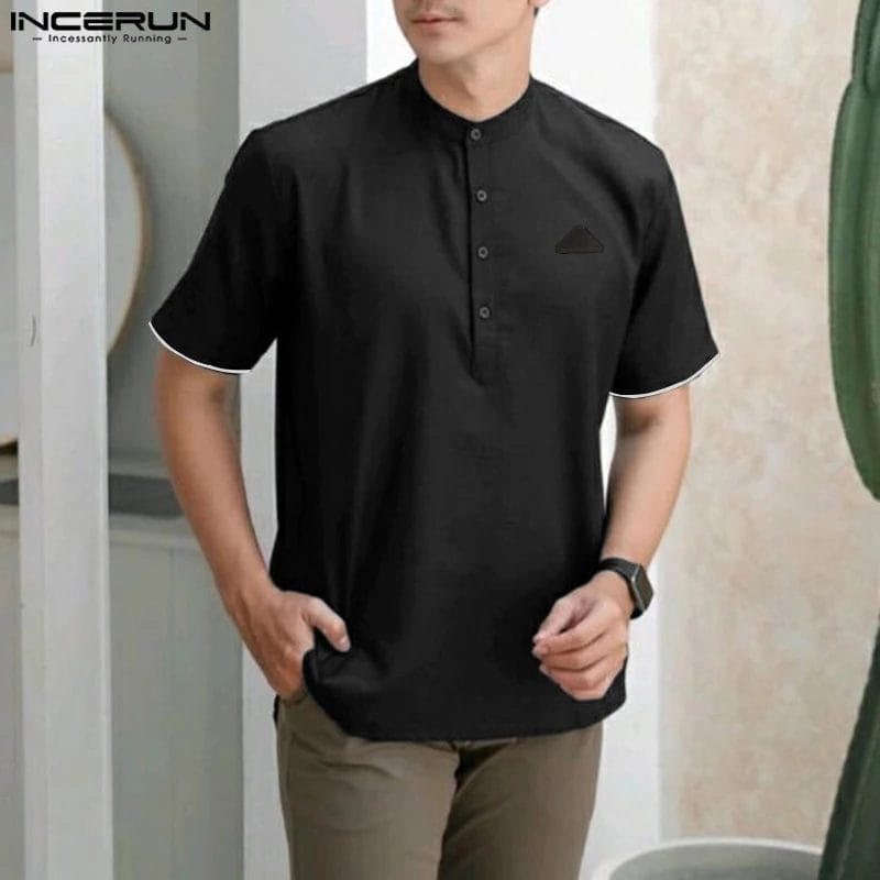 INCERUN Men Shirt Patchwork Cotton Vintage Harajuku Stand Collar Short Sleeve Casual Men Clothing Streetwear Summer 2023 Camisas 1