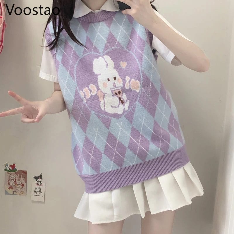 Japanese Sweet Lolita Style Milk Tea Rabbit Knitted Pullovers Spring Autumn Women Cute Bunny JK Sweater Vest Girly Waistcoat 1