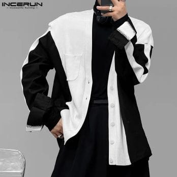 2023 Men Shirt Patchwork V Neck Long Sleeve Button Loose Streetwear Casual Cardigan Autumn Stylish Men Clothing S-3XL INCERUN 1