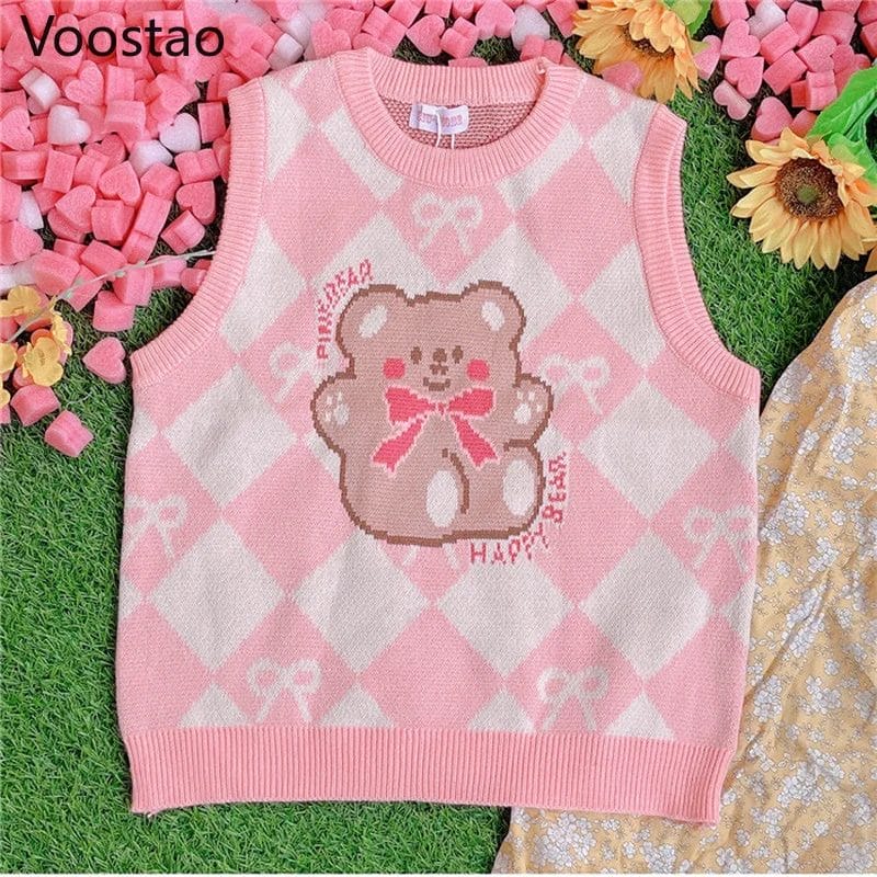 Japanese Cute Lolita Bow Baby Bear Jacquard Knitted Pullovers Spring Autumn Women Loose JK Sweater Vest Girly Sweet Waistcoat 1