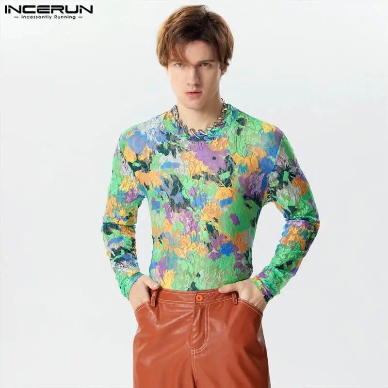 2024 Men's T Shirt Printing Lace Transparent O-neck Long Sleeve Streetwear Camisetas Sexy Fashion Unisex Tee Tops S-3XL INCERUN 1