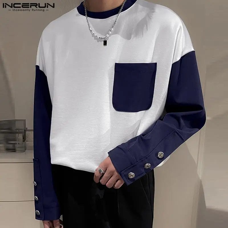 2023 Men T Shirts Patchwork O-neck Long Sleeve Korean Streetwear Men Clothing Loose Pockets Stylish Casual Male Tee Tops INCERUN 1