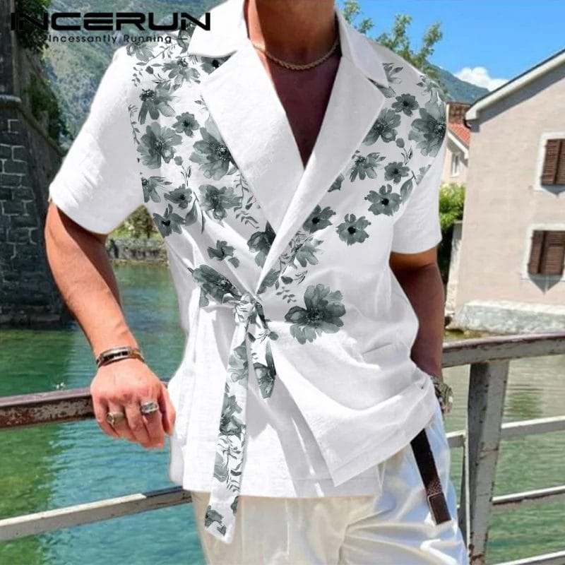 2023 Men Shirt Flower Printing Lapel Short Sleeve Lace Up Fashion Men Clothing Summer Streetwear Casual Camisas S-5XL INCERUN 1
