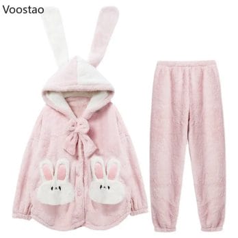 Autumn Winter Women Cute Lolita Princess Coral Fleece Pajamas Sets Cartoon Bunny Ears Hooded Sleepwear Girl Plush Lounge Clothes 6