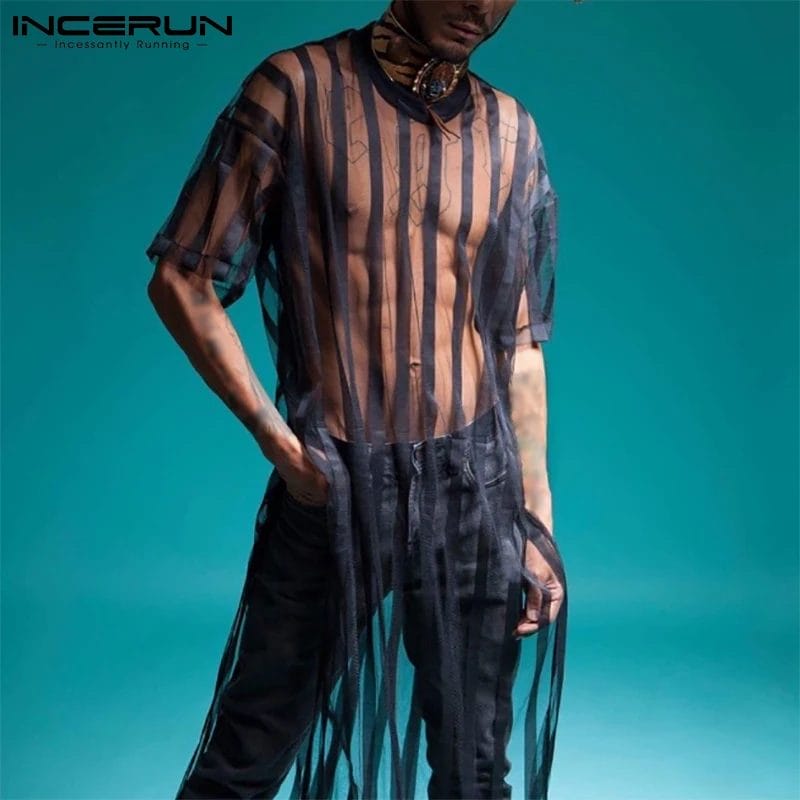 INCERUN 2023 Men Mesh T Shirt Transparent Striped Streetwear Short Sleeve Sexy Long Tops Fashion Party Nightclub T-shirts S-5XL 1