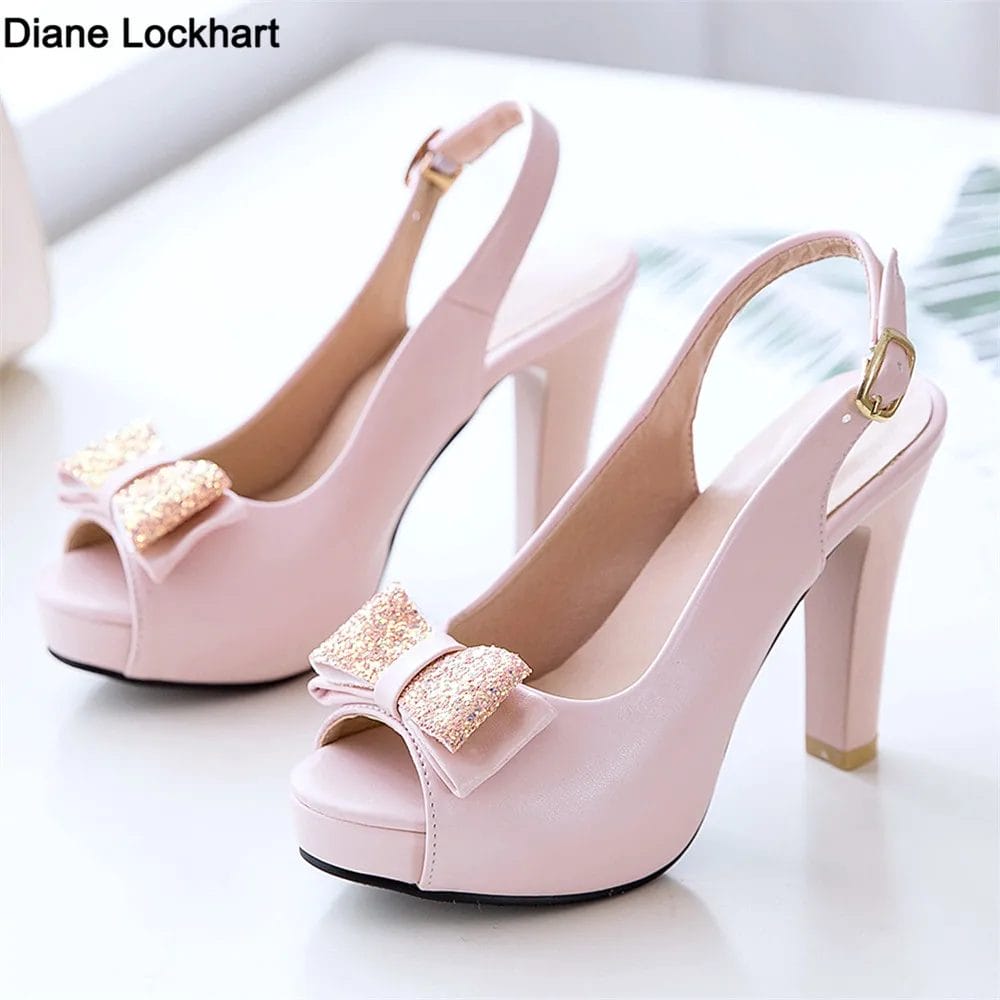 Women Platform High Heels 2024 Summer Fashion Bow Peep Toe Slingbacks Ladies White Pink Black Bride Wedding Shoes Party Pumps 1