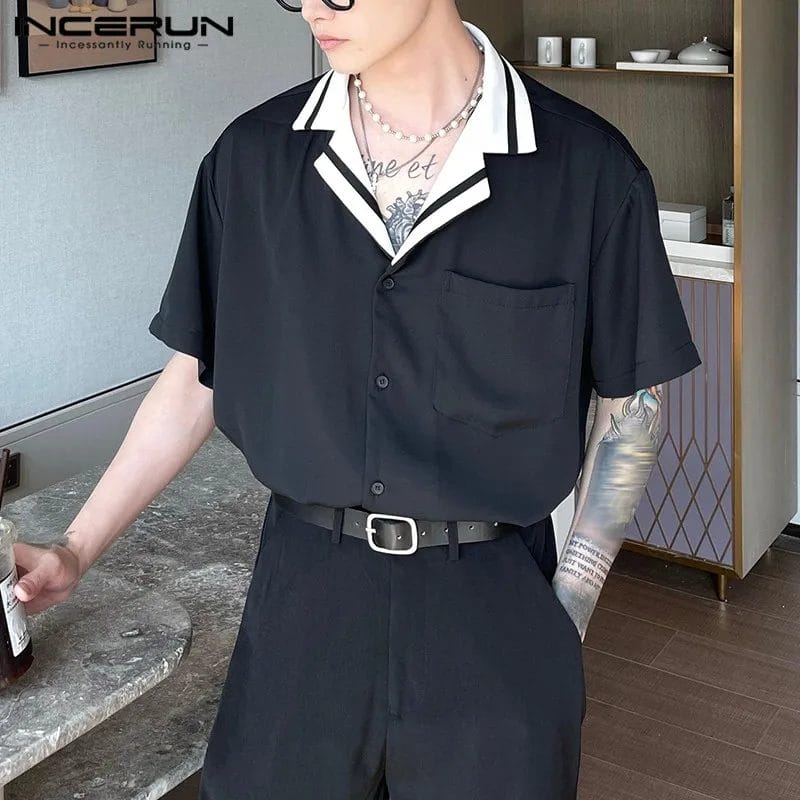 Men Casual Shirt Patchwork Lapel Short Sleeve Button Summer Streetwear Shirts 2023 Fashion Korean Men Clothing S-5XL INCERUN 1