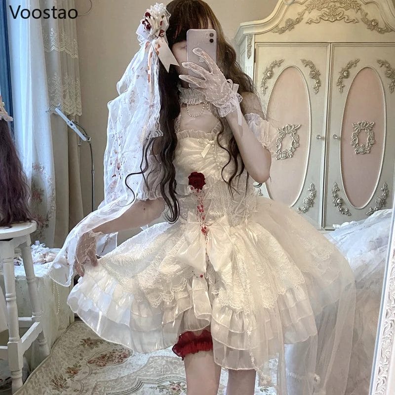 Gothic Lolita Princess Dress Women Vintage Terror Blood Bride Halloween Party Dresses Female Y2k Bandage Rose Lace Mini Vestidos 1