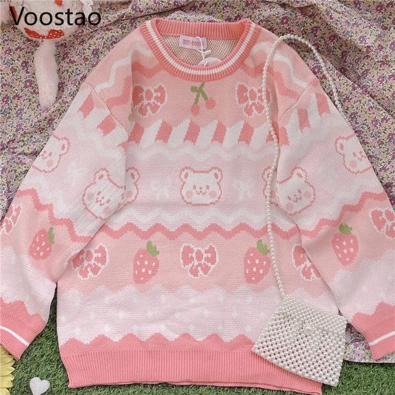 Autumn Winter Sweet Lolita Strawberry Bear Knitted Pullovers Japanese Girly Cute Loose JK Sweater Women Kawaii Knitwear Tops 1