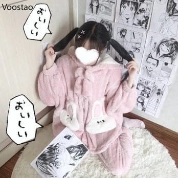Autumn Winter Women Cute Lolita Princess Coral Fleece Pajamas Sets Cartoon Bunny Ears Hooded Sleepwear Girl Plush Lounge Clothes 4