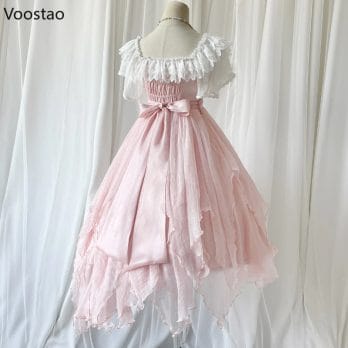 Japanese Kawaii Lolita Princess OP Dress Women Elegant Sweet Rose Lace Pearl Chain Pink Party Dresses Victorian Girl Fairy Dress 6