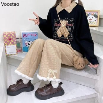 Japanese Kawaii Lolita Lace Bow Plaid Wide Leg Pants Autumn Winter Girl Sweet Casual Woolen Trousers Female Cute Warm Sweatpants 2