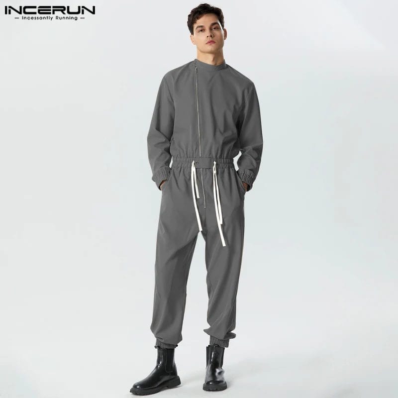 Men Jumpsuits Solid Zipper Long Sleeve Drawstring Fashion Rompers Men Streetwear 2023 Loose Casual Cargo Overalls S-5XL INCERUN 1