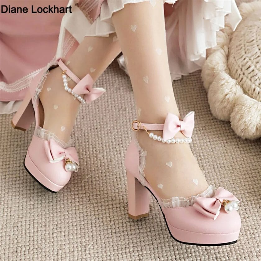 Spring Pearl Ankle Strap Women High Heels Mary Jane Pumps Party Wedding Cosplay White Pink Bow Princess High-heeled Lolita Shoes 1