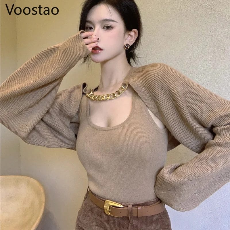 Spring Autumn Y2K Slim Tops Women Lantern Sleeve Knitted Chain Crop Cardigan Female Sexy Designer Sweater Vest Matching Sets 1