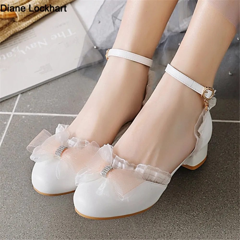 2024 Spring Women High Heels Mary Jane Pumps Party Wedding White Pink Beige String Lace Bow Princess Cosplay Summer Lolita Shoes 1