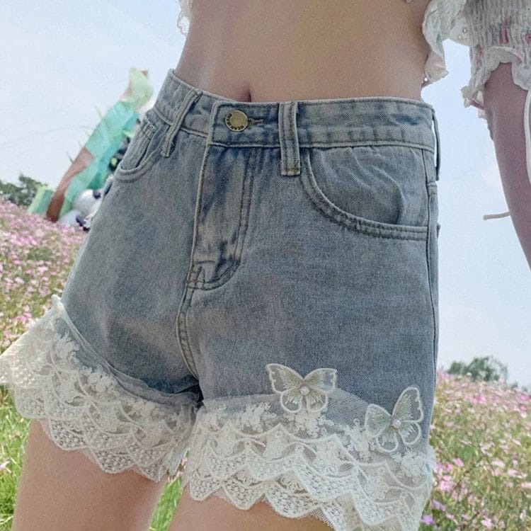Summer Sweet Lace Ruffles Denim Shorts Women Korean Chic Butterfly Appliques High Waist Short Pants Y2k Girls Sexy Punk Jeans 1