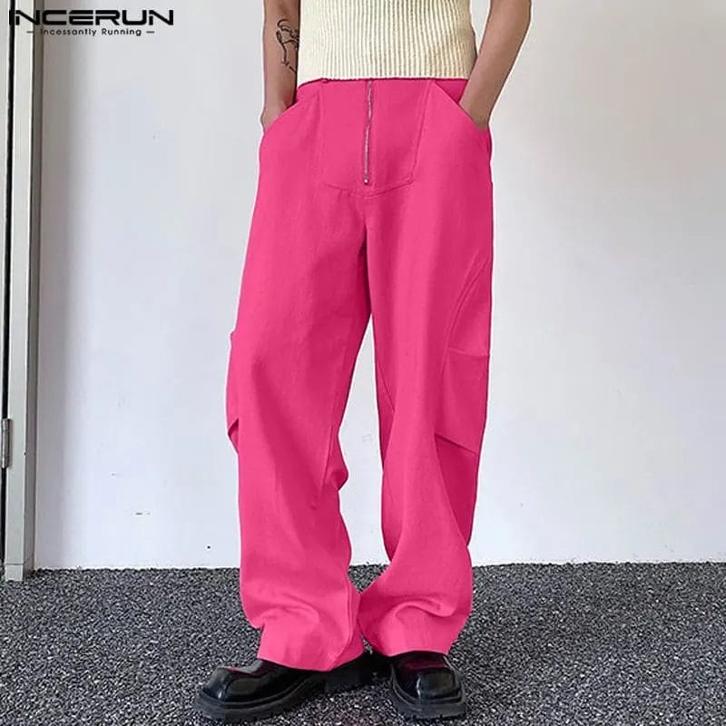 INCERUN Men Pants Solid Color Zipper Loose Casual Straight Trousers Men Joggers 2023 Pockets Streetwear Fashion Long Pants S-5XL 1