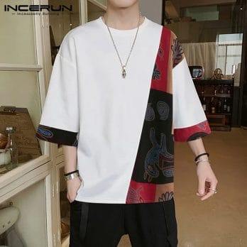INCERUN Men Casual T Shirt Loose Printed Patchwork Round Neck Half Sleeve Vintage Tees 2023 Streetwear Mens T-shirts Plus Size 2