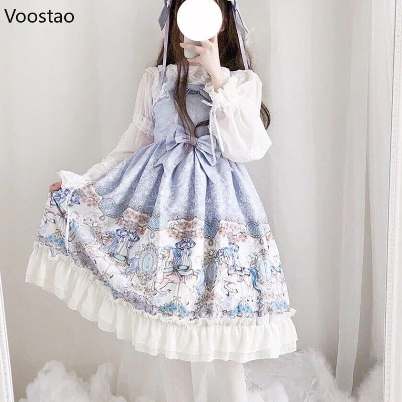 Sweet Lolita Jsk Dress Women Harajuku Kawaii Cartoon Print Lace Ruffle Bow Sleeveless Party Dresses Girly Princess Mini Vestidos 1