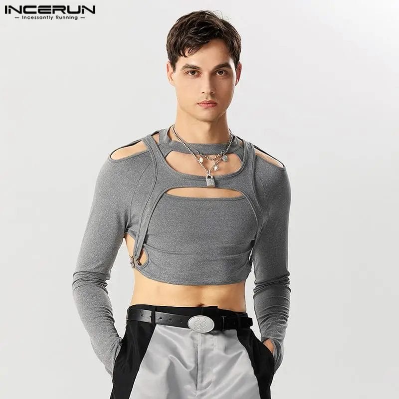 2023 Men Irregular T Shirt Hollow Out O-neck Long Sleeve Fashion Crop Tops Streetwear Solid Color Casual Camisetas S-3XL INCERUN 1