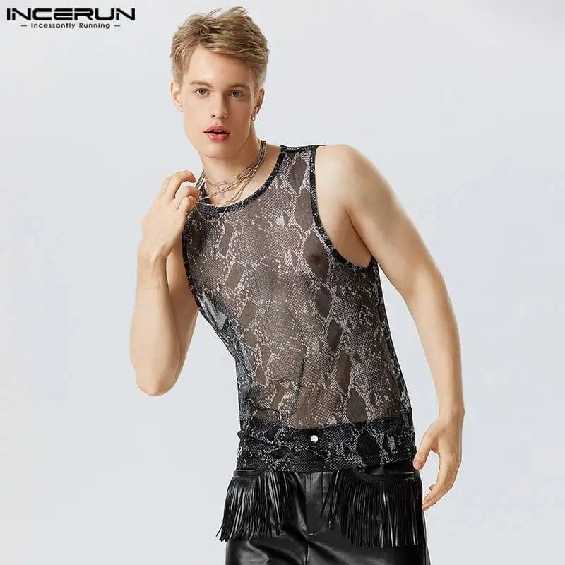 INCERUN Men Tank Tops Printing Mesh Transparent O-neck Sleeveless 2024 Male Vests Streetwear Summer Fashion Men Clothing S-5XL 1