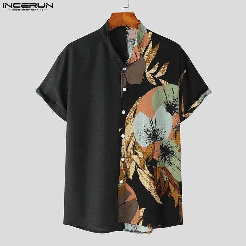 2023 Men Shirt Print Patchwork Lapel Short Sleeve Streetwear Men Clothing Vintage Button Up Summer Casual Shirts S-5XL INCERUN 1